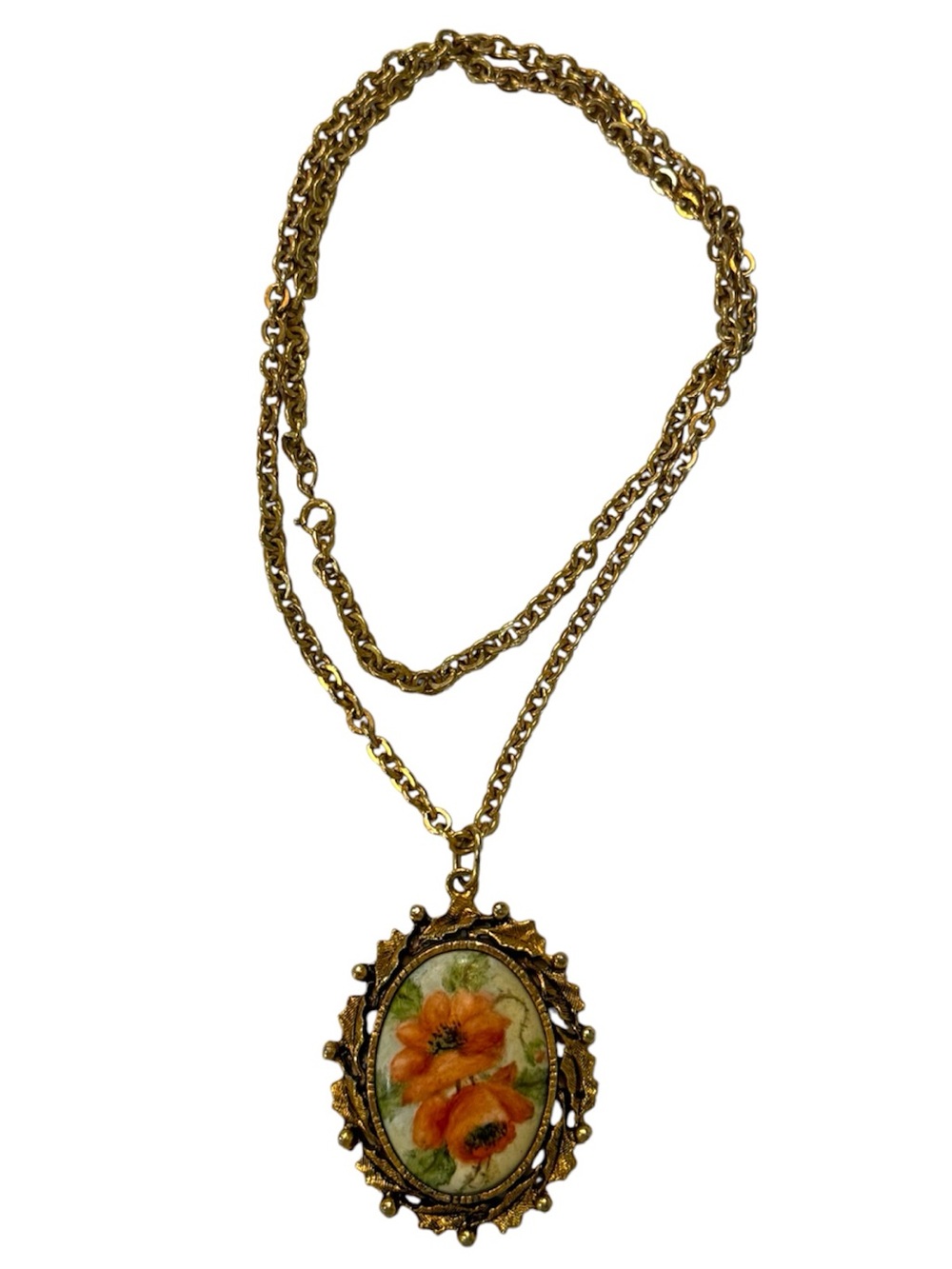 Hand Painted Floral Porcelain Filigree Pendant Necklace
